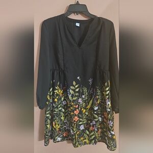 Old Navy Black Botanical Peasant Tunic Blouse V-Neck Long Sleeve Women's XS
